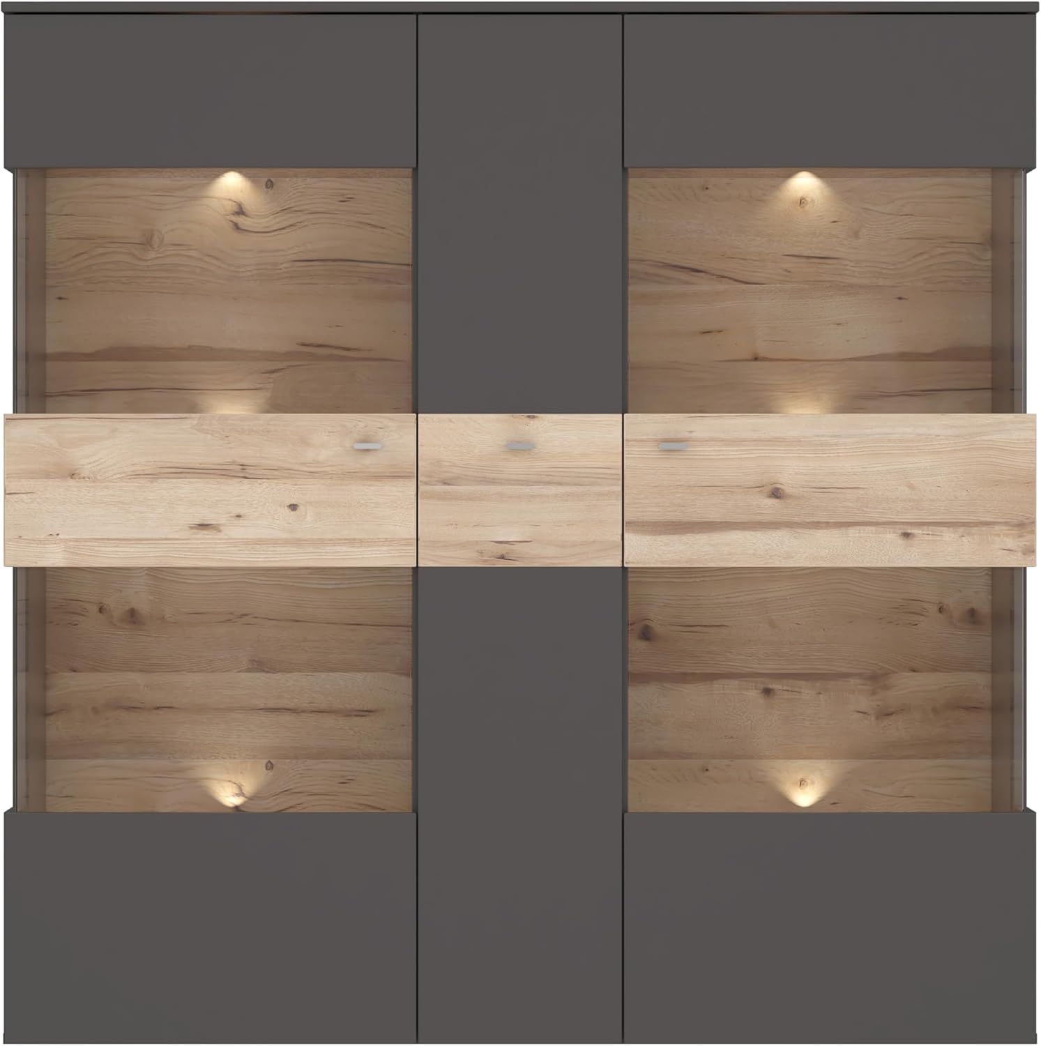 FORTE Como Highboardvitrine mit 1Tür und 2 Glastüren, Holzwerkstoff, Uni Wolfram Grau Kombiniert mit Planked Eiche, 149,8 x 152,1 x 41,3 cm