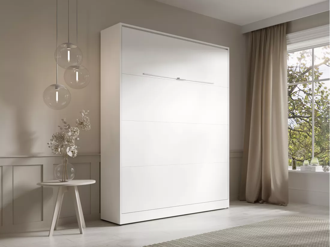 Lit escamotable 160 x 200 cm - Ouverture verticale manuelle - Avec LEDs - Blanc - RAPILI