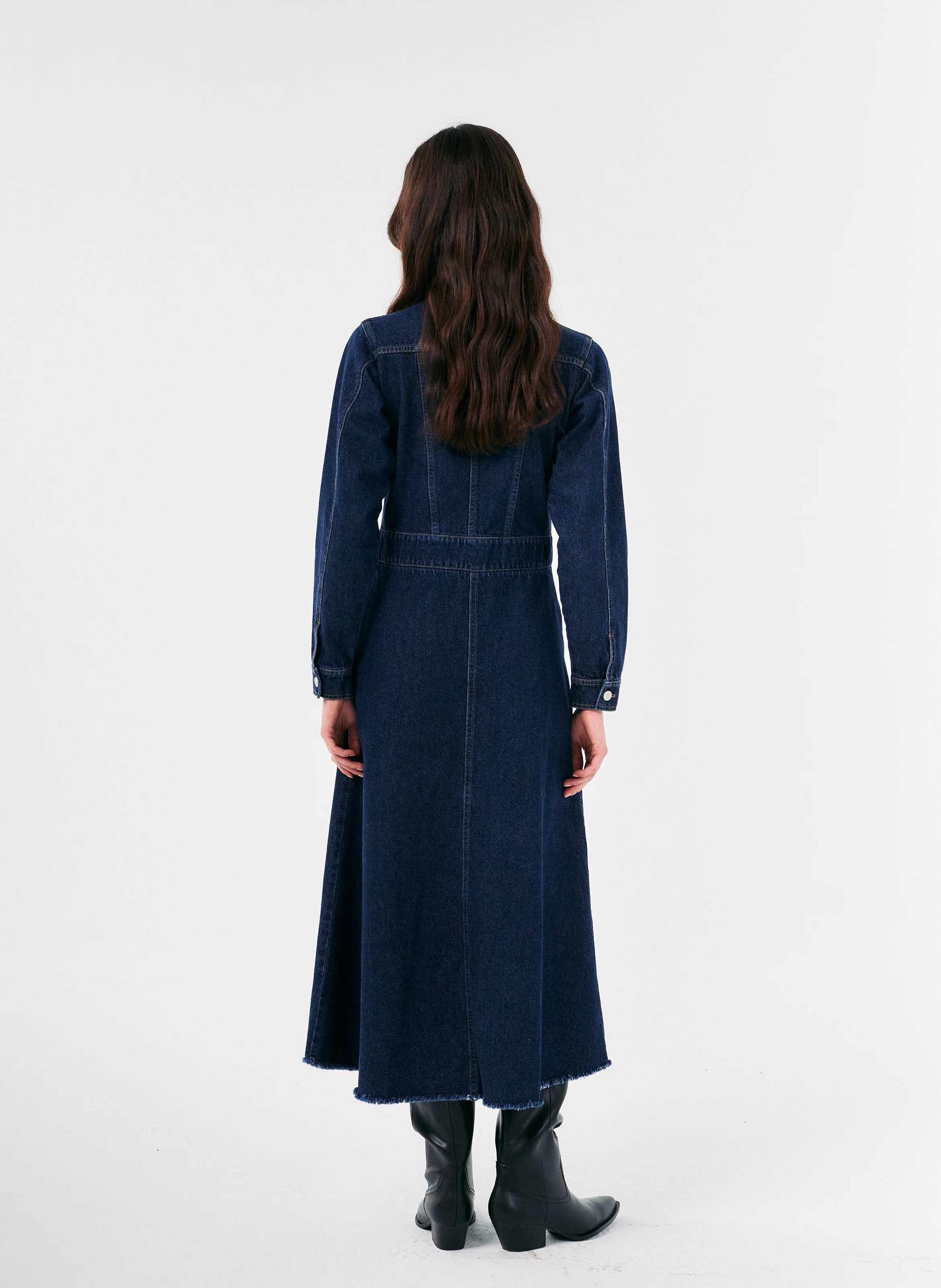 Robe midi col chemise en jean| Bleu