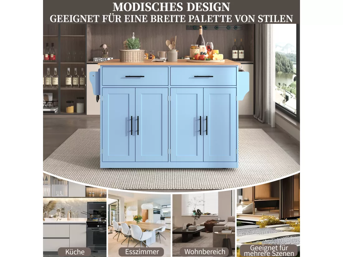 Ilot central de cuisine mobile avec 4 portes et 2 tiroirs - Plateau extensible - 120x46(70)x91 cm - Bois MDF - Bleu et naturel