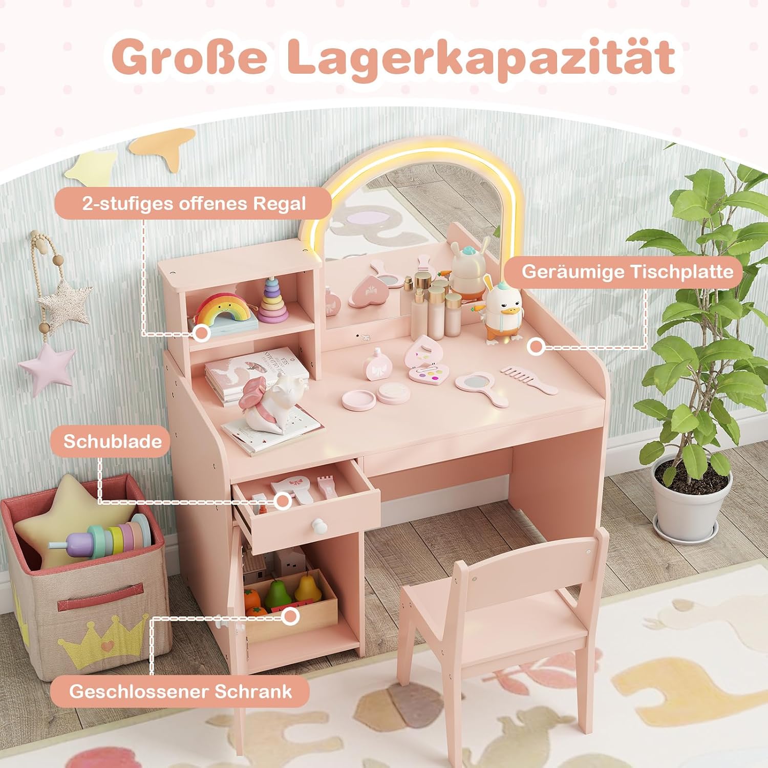 COSTWAY 2 in 1 Kinder Schminktisch Set, Frisertisch mit Hocker, LED-Leuchten, Spiegel, Schrank & Schublade, Kosmetiktisch Schminkkommde mädchen aus Holz für Kinder ab 3 Jahren (Hellrosa)