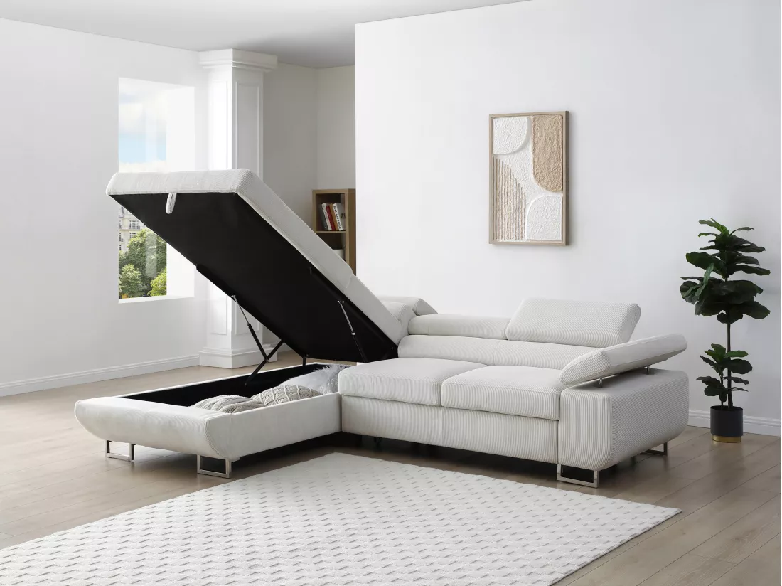 Canapé d'angle gauche convertible en velours côtelé beige NURAZIO