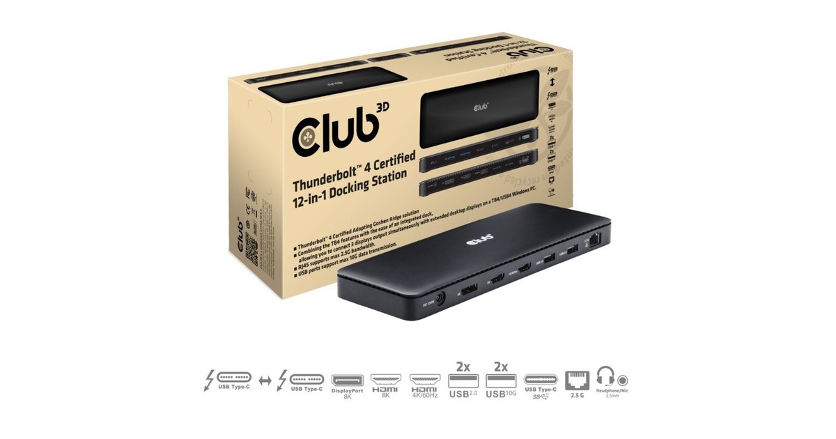 Club 3DThunderbolt 4 12-in-1 Dock dockingstation  (Zwart)