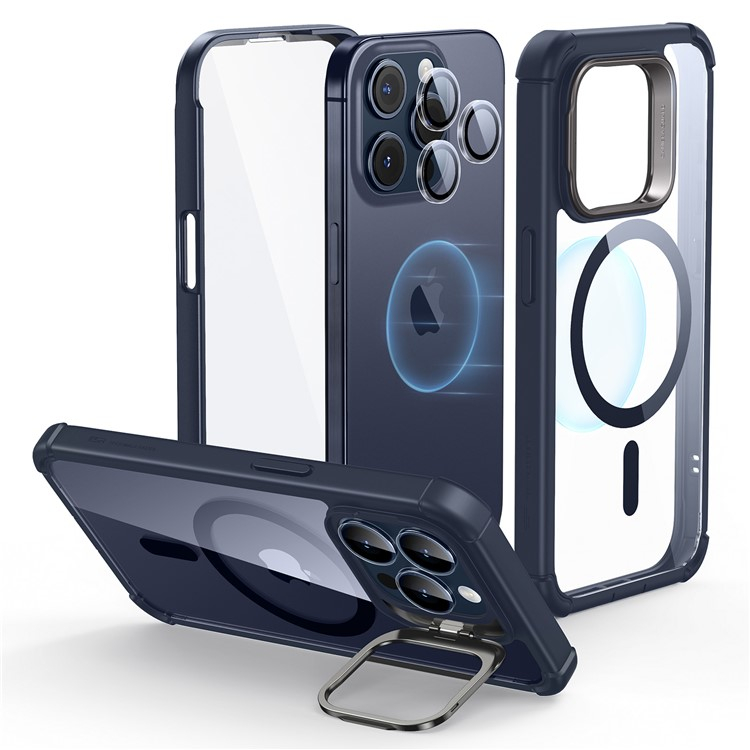 iPhone 15 Pro Magnetic Series Full Protective MagSafe Hülle mit Displayschutz   Kickstand - Dunkelblau / Transparent