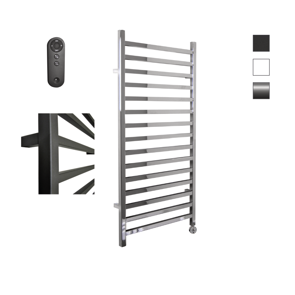 Sanicare HVS elektrische radiator 45x172cm chroom met afstandsbediening en thermostaat chroom rechtsonder