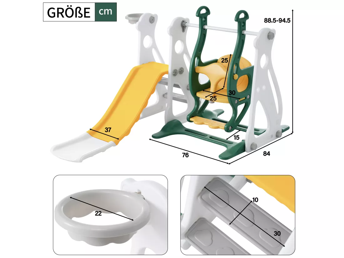 Toboggan 4 en 1 - avec escalier, balançoire, panier de basket - vert