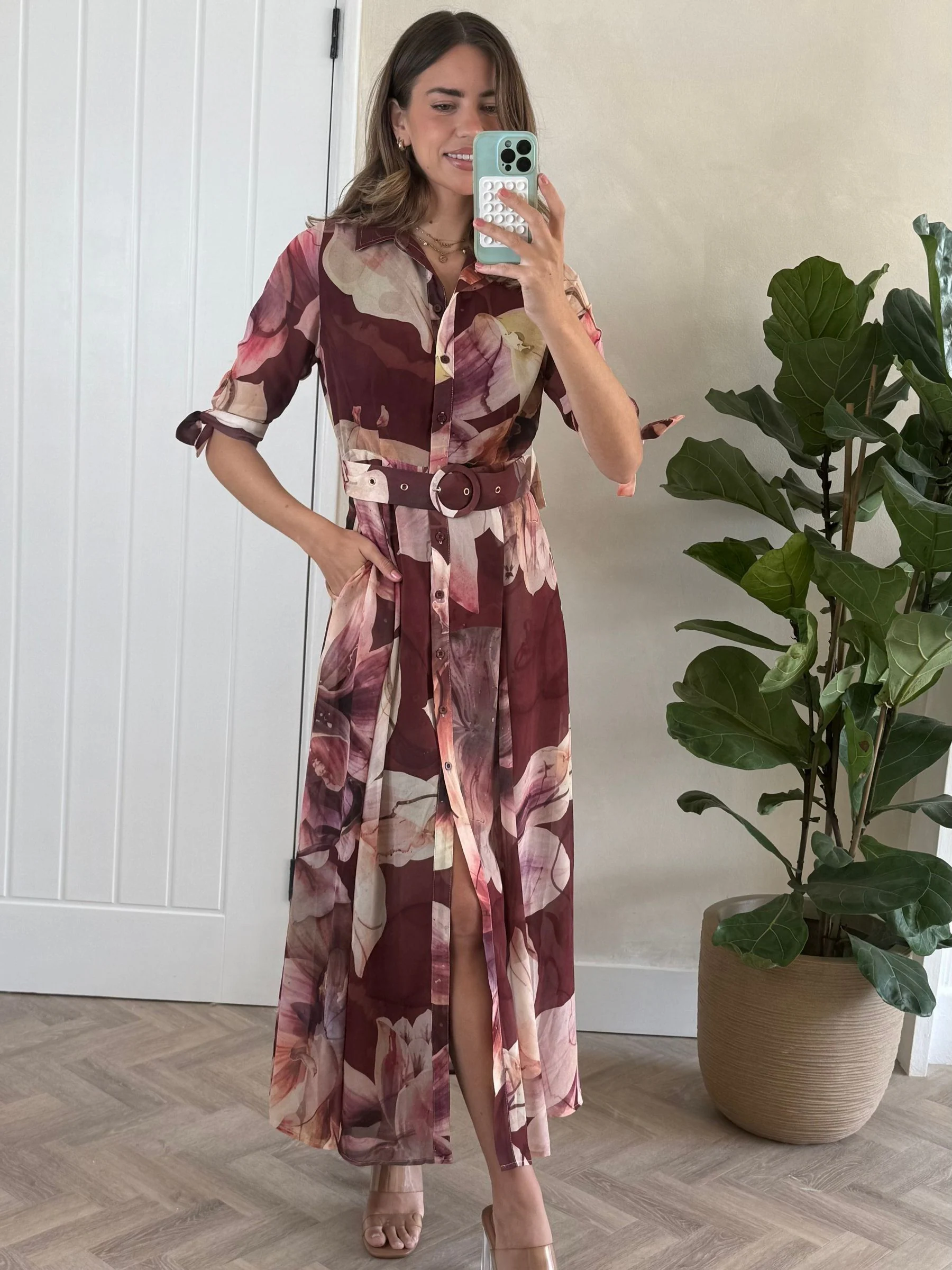 Bruine bloemenprint - Style Cheat - Daphne overhemdjurk met riem