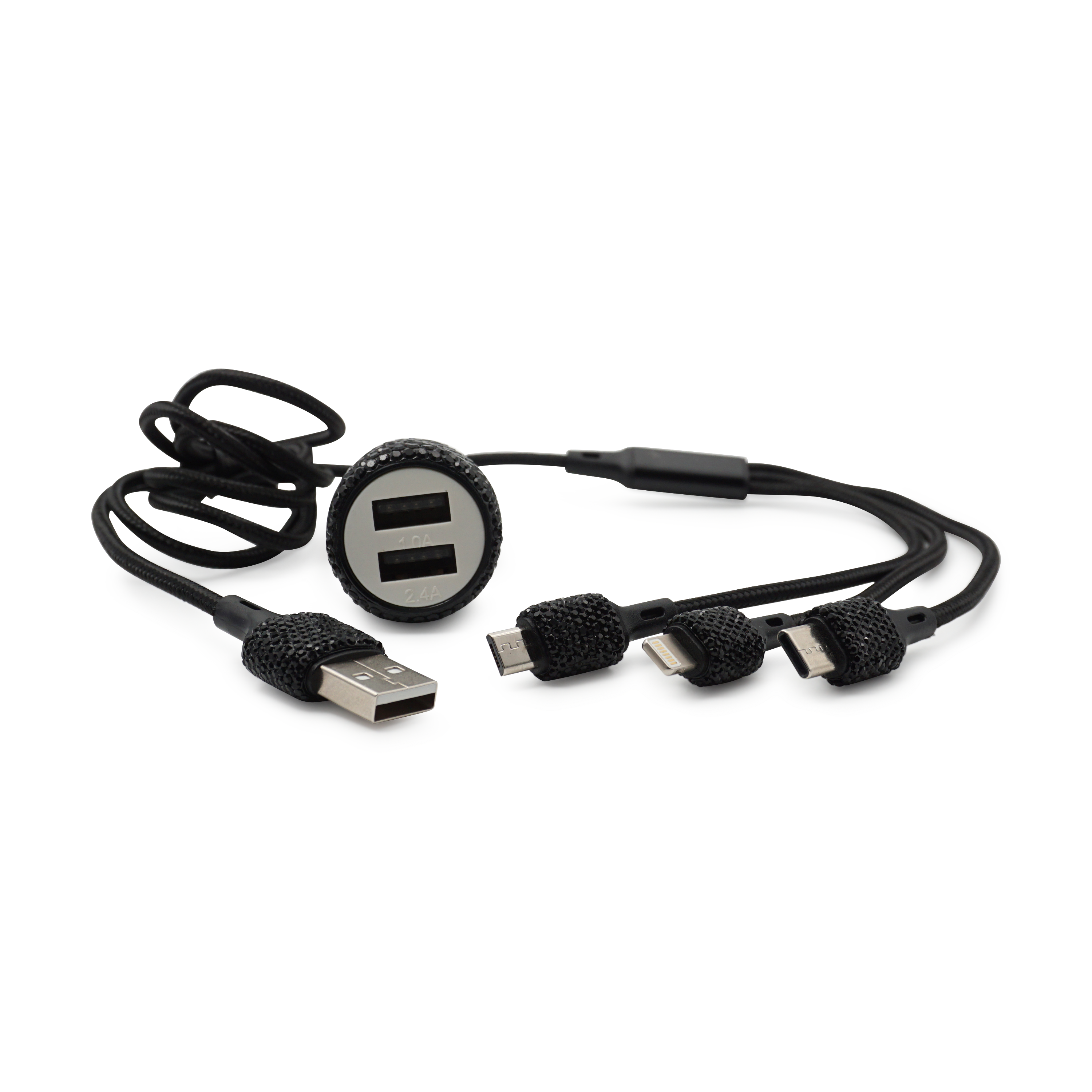 (1.2m) 3in1 Glitzer USB A auf Lightning / Micro USB / USB C Nylon Ladekabel   Dual KFZ Ladegerät - Schwarz
