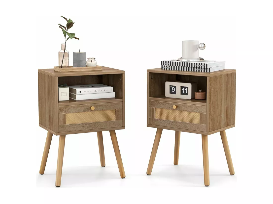 Lot de 2 Table de Chevet Bois avec Tiroir, Tables de Nuit en Rotin, 4 Pieds en Pin, Design Cannage, Compartiment Ouvert, Style Bohème, Table d'Appoint Scandinave pour Salon, Chambre