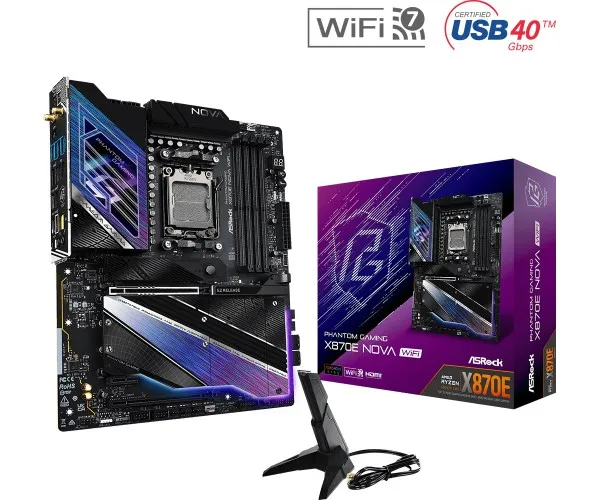 ASRock Phantom Gaming X870E NOVA WiFi - Bundkort - ATX - Socket AM5 - AMD X870E Chipset - USB4, USB 3.2 Gen 1, USB 3.2 Gen 2, USB-C 3.2 Gen 2x2 - 5 Gigabit Ethernet, Wi-Fi 7, Bluetooth - onboard grafik (CPU påkrævet) - HD Audio (8-kanaler)