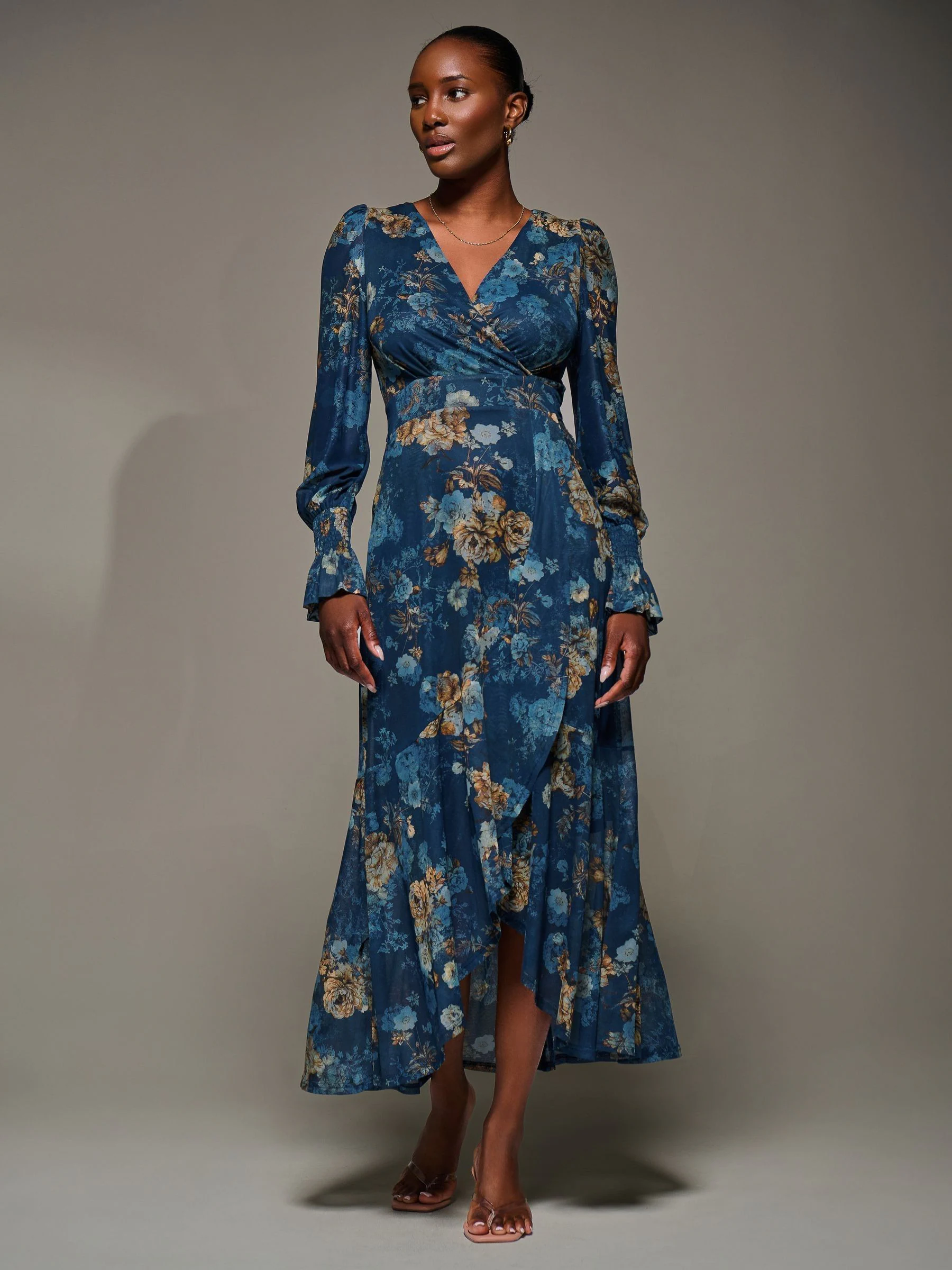 Jolie Moi Long Sleeve Frill Hem Mesh Maxi Dress
