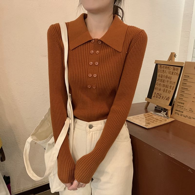 Ukiyo - Lange mouwen, kraag, effen geribbelde gebreide crop top