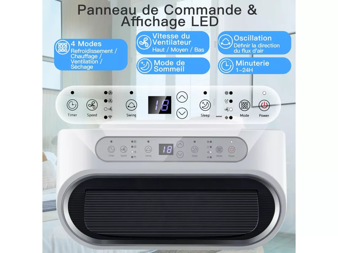 Climatiseur Mobile 5 en 1 R290 16000BTU [Classe énergétique A] Contrôle Télécommande/APP Chauffage Rafraîchissement Déshumidification Ventilateur et Mode Nuit