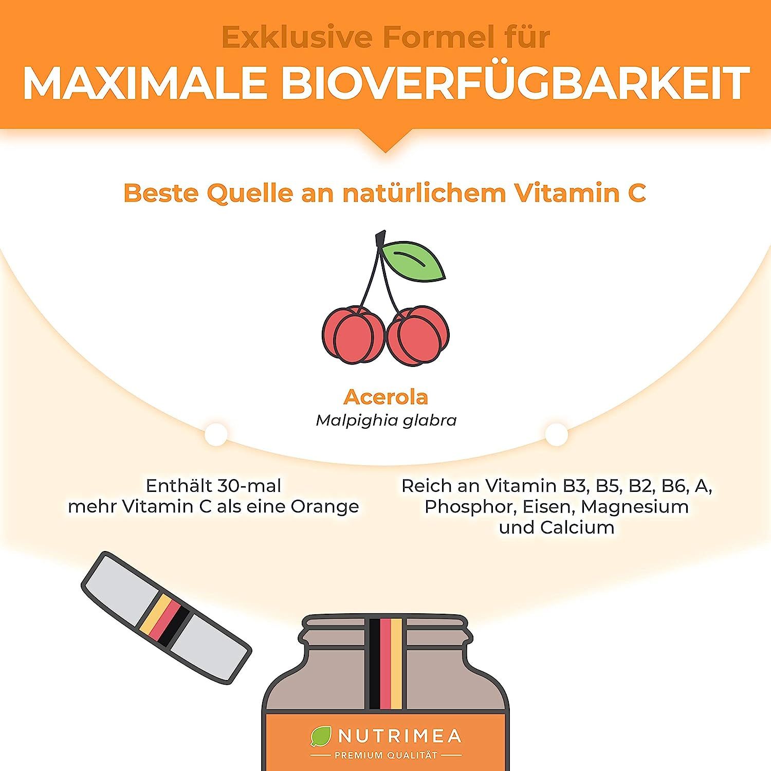 Nutrimea ACEROLA BIO Lutschtabletten | Natürliches Vitamin C Hochdosiert 1000mg