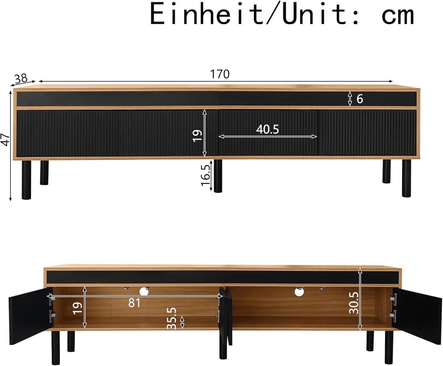 170cm TV Lowboard mit 3 Türen, Stilvolle TV Schrank, Fernsehschrank für Fernseher 65 Zoll, Fernseher Schrank für Wohnzimmer, Schwarz und Naturholz