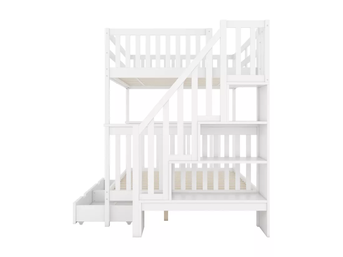 Lits superposés 2 x 140 x 200 cm pour enfant - étagère d'escalier + 2 tiroirs - bois MDF - Blanc