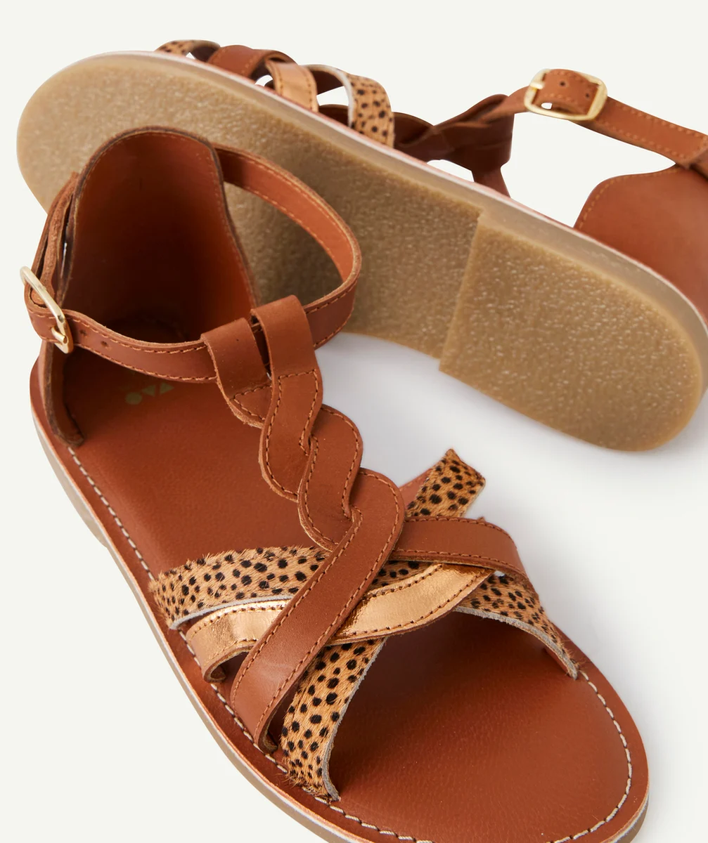 SANDALES FILLE EN CUIR MARRON ET LEOPARD