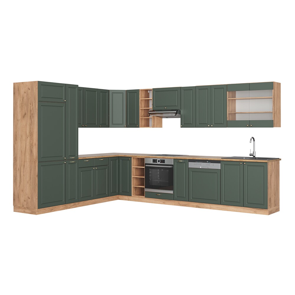 Vicco Eckküche Küchenzeile Einbauküche Fame-Line Landhaus Eiche Grün Gold 257x347 Spülenunterschrank Unterschrank Herdumbauschrank Hängeschrank Kühlumbauschrank Apothekerhochschrank Blende