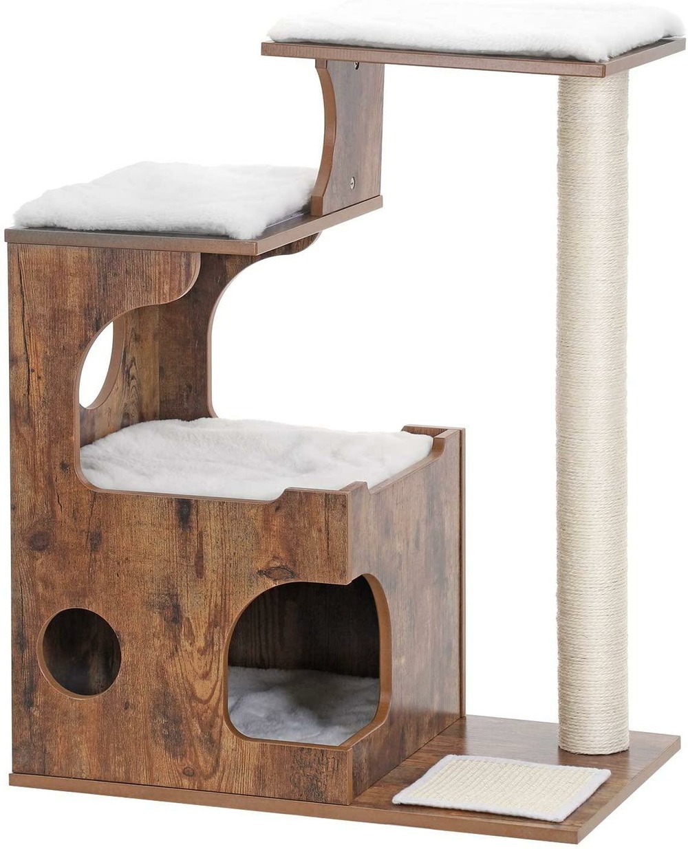Arbre à chat hauteur 88 cm 3 plate-formes et 1 grotte panneau mdf avec placage de bois poteau en sisal imitation fourrure lav