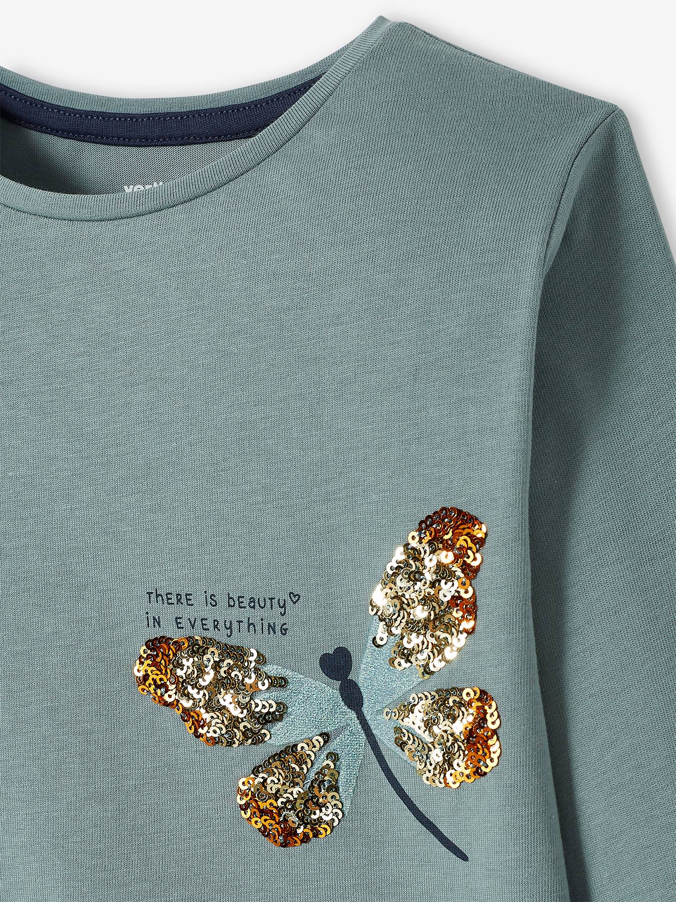 Camiseta de lantejoulas, camiseta lisa verde-escura infantil com estampas.