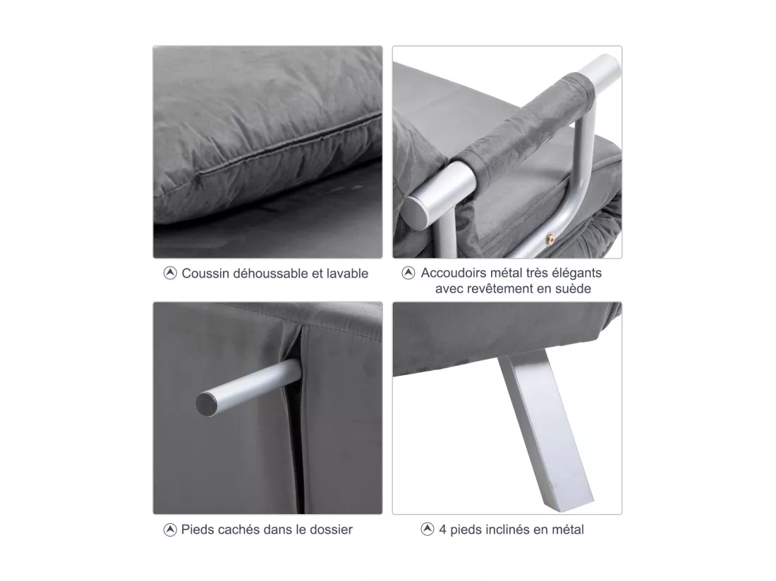 Fauteuil chauffeuse canapé-lit convertible 1 place déhoussable grand confort coussin pieds accoudoirs métal suède gris