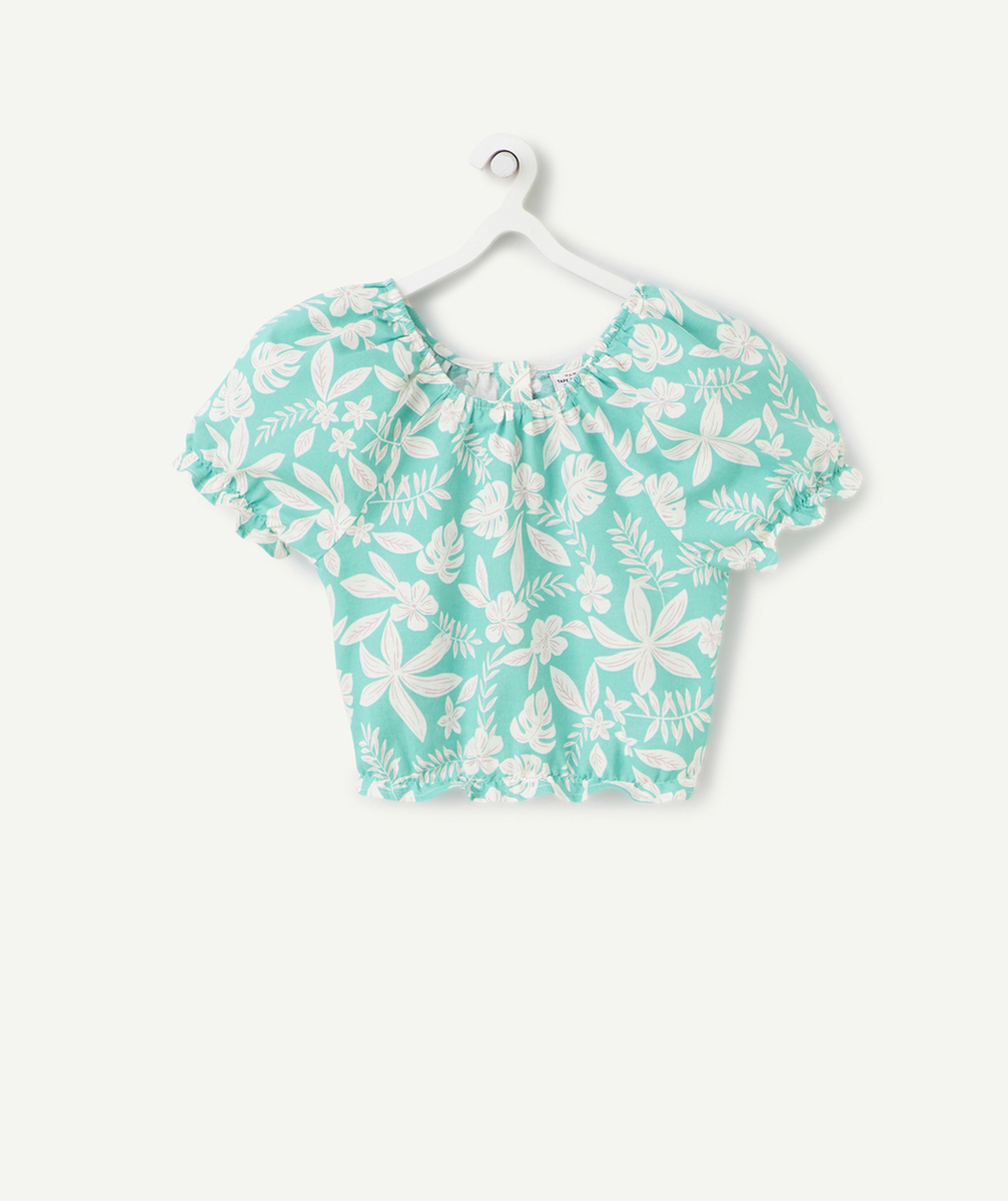 blouse manches courtes fille verte avec imprimé hawaïen