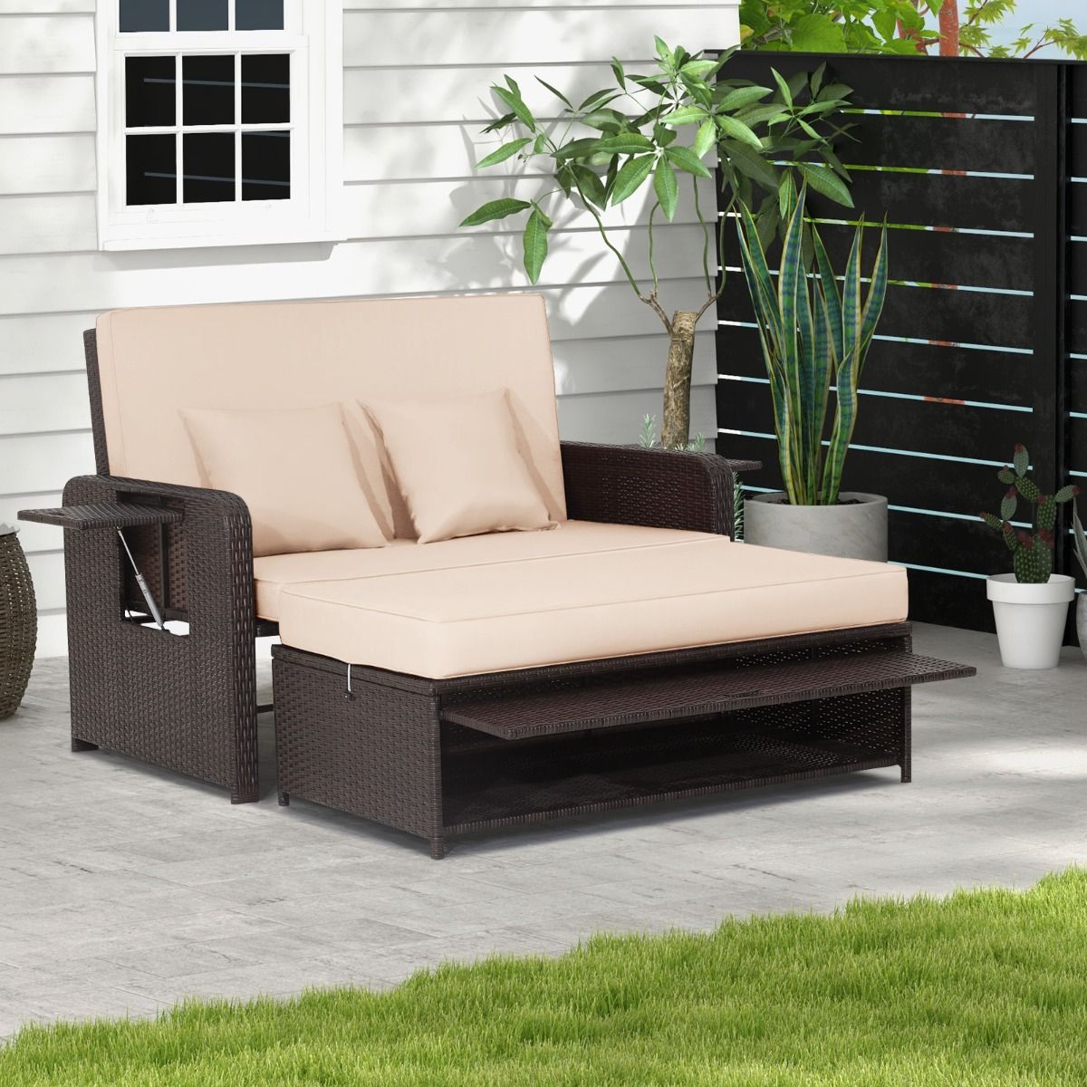 Salon de Jardin Extérieur Ajustable à Lit, 2 Place avec Stockage Caché, Dossier Réglable à 4 Niveaux en Rotin PE - Lidl-Manfred