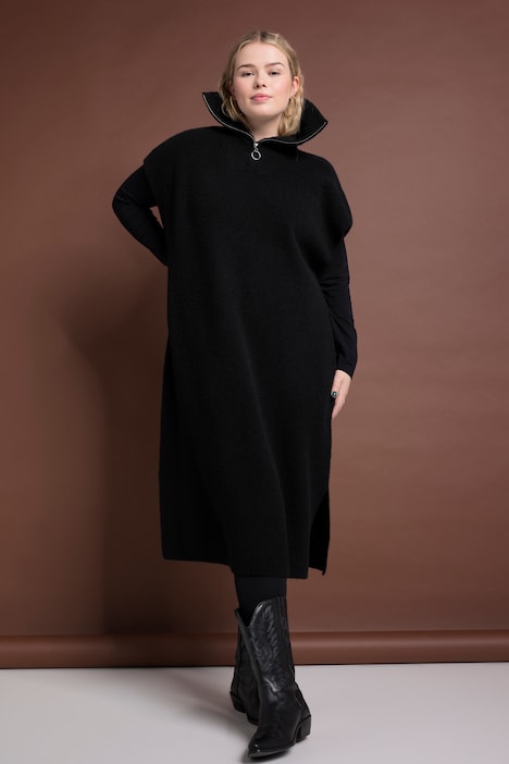 Strick-Kleid, oversized, Troyerkragen, ärmellos