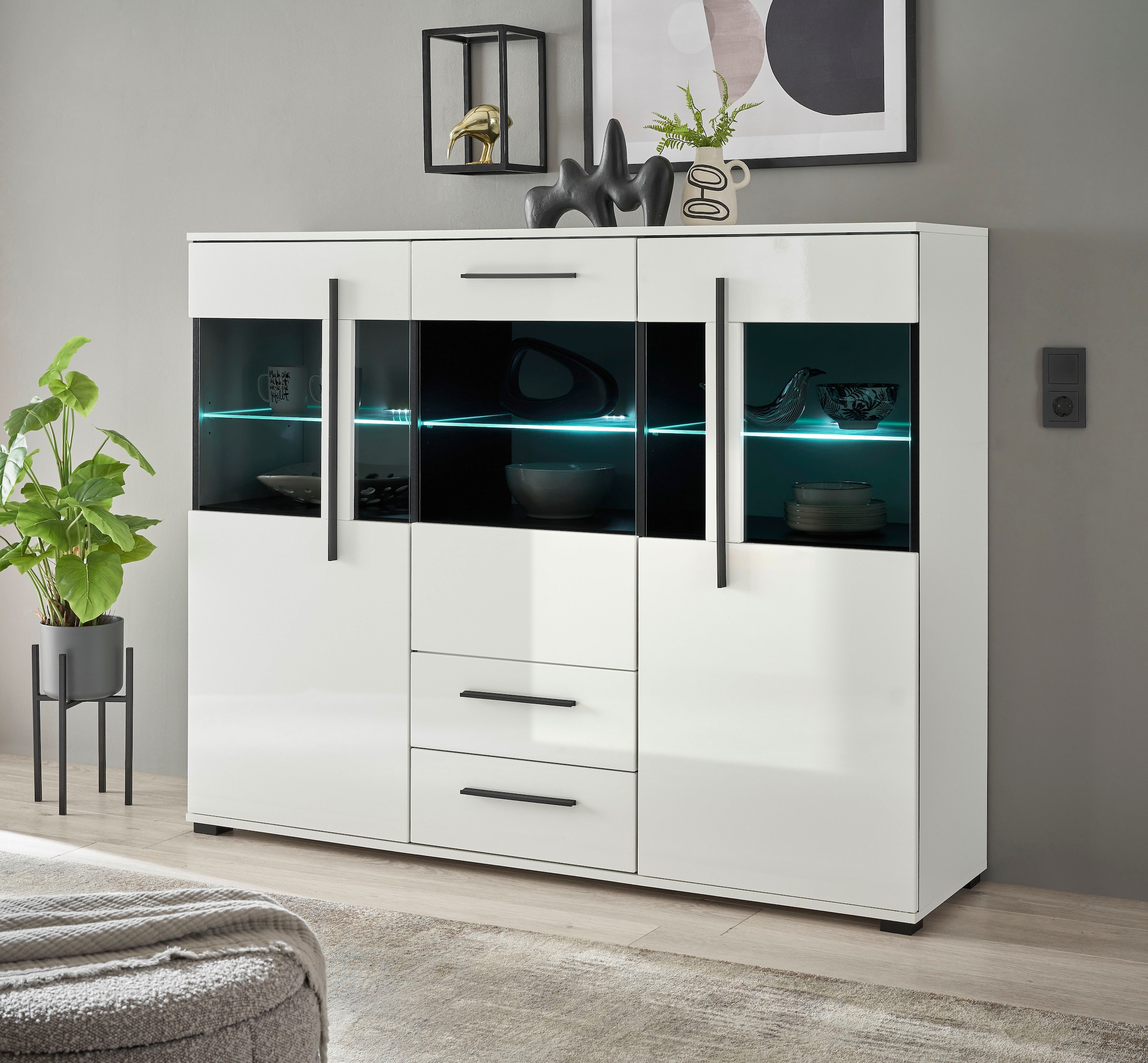 INOSIGN Highboard »Cantara, moderner Schrank, Vitrine in Eiche Dekor oder weiss« schwarze Stangengriffe, ausreichend Stauraum, vielseitig einsetzbar