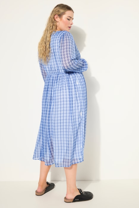 Midikleid, A-Line, Minimal-Print, V-Ausschnitt, Langarm