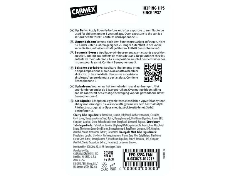Carmex Lippenpflege Tube MINIS SPF15 3-Pack Lippenpflege bietet langanhaltende Feuchtigkeit und Schutz