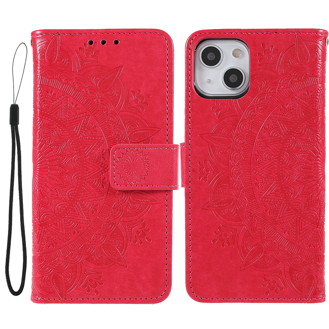 iPhone 13 Leder Tasche Wallet - Mandala Flowers Imprint - Rot / Pink
