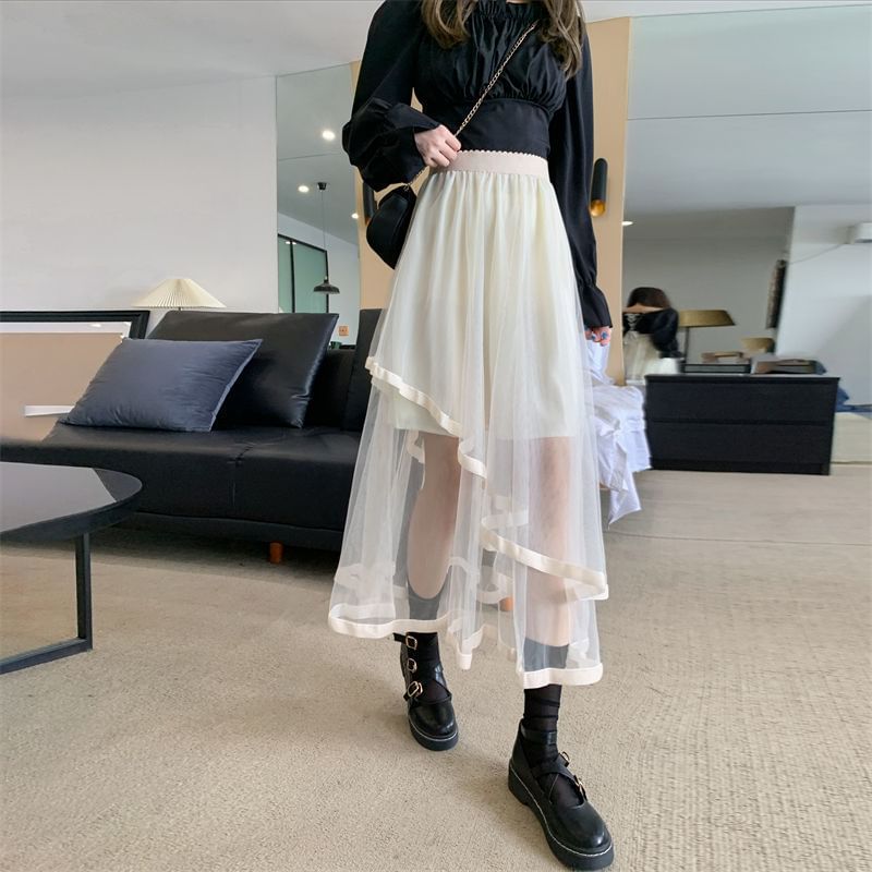 Sisyphi - Asymmetrische gelaagde midi-A-lijn rok met hoge taille en mesh