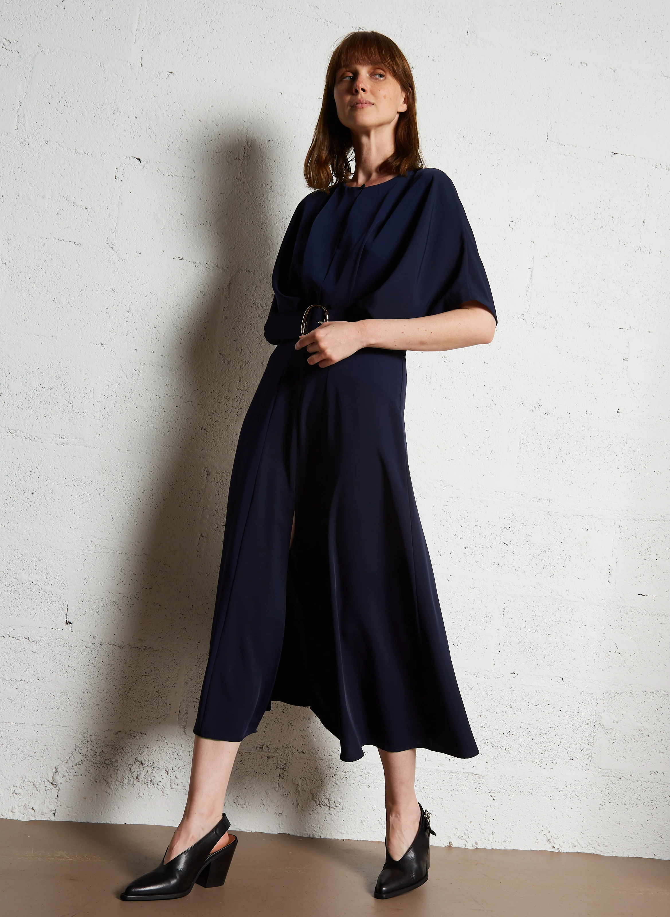 Robe longue col rond ceinturée | Bleu