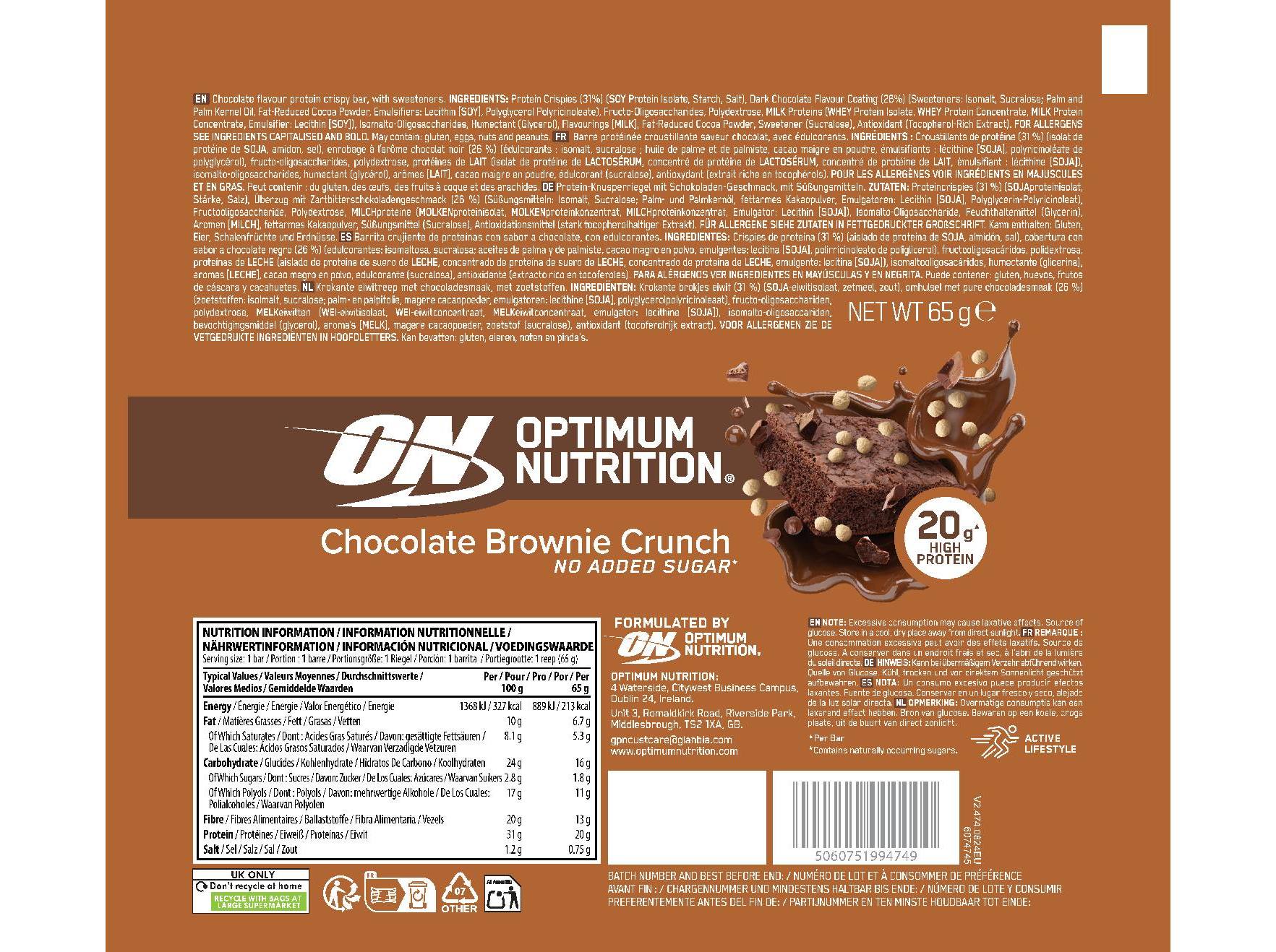 BARRA BROWNIE OPTIM NUT CHOCOLATE CRUNCH 65G
