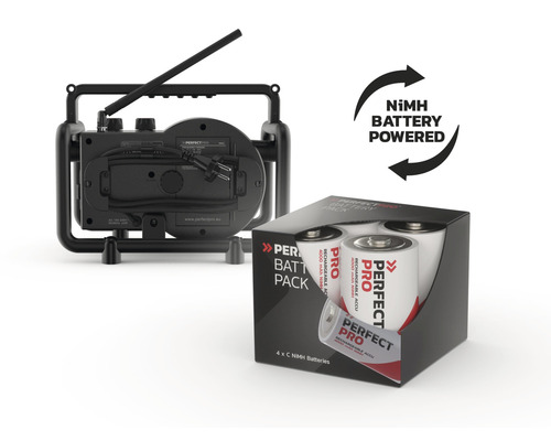 PerfectPro DABBOX bouwplaatsradio, DAB+ en FM-ontvangst, ingebouwde acculader voor universele accu, Bluetooth, oplaadbaar, AUX-ingang, schokbestendig, IP54, DBX3