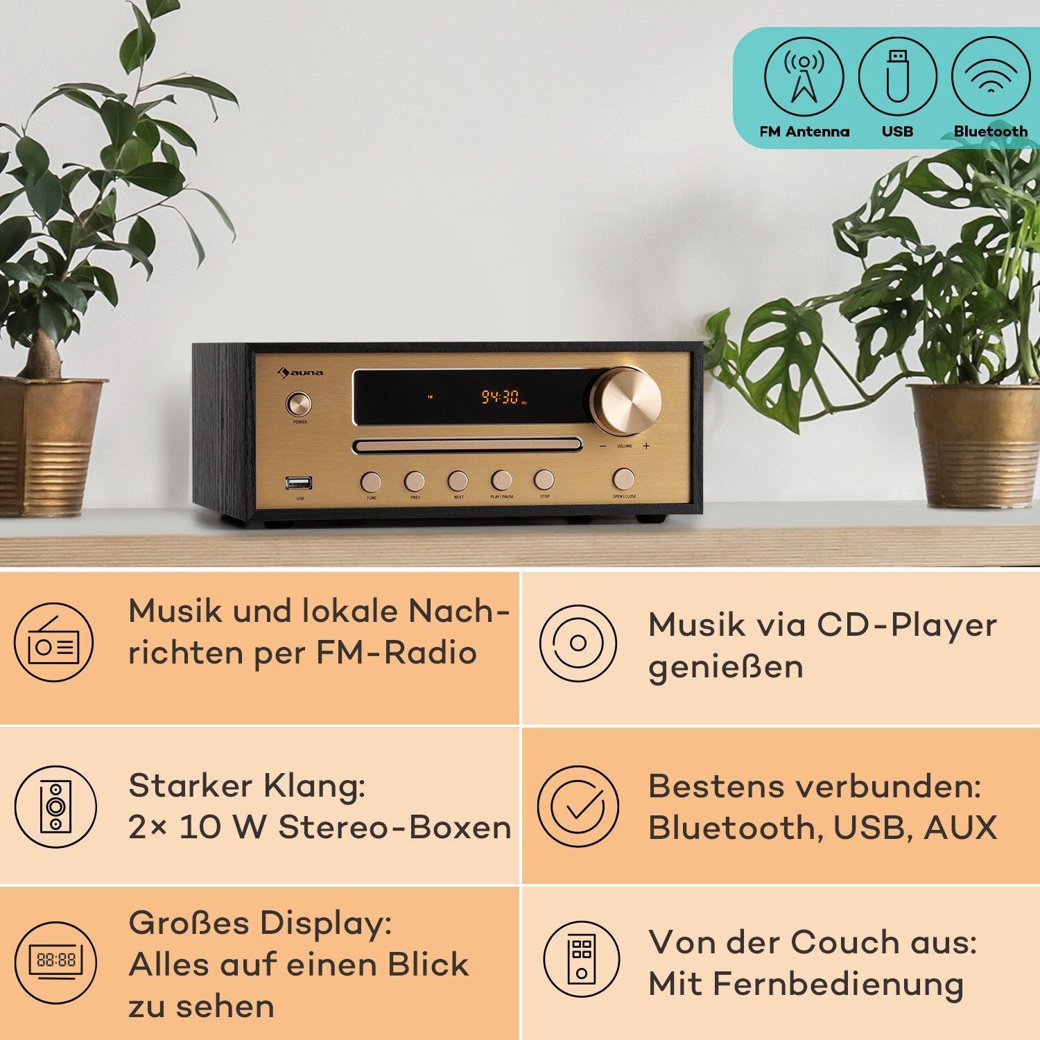 Berklee HiFi Stereo System BT Stereo-Lautsprecher UKW MP3 USB Line-In Schwarz
