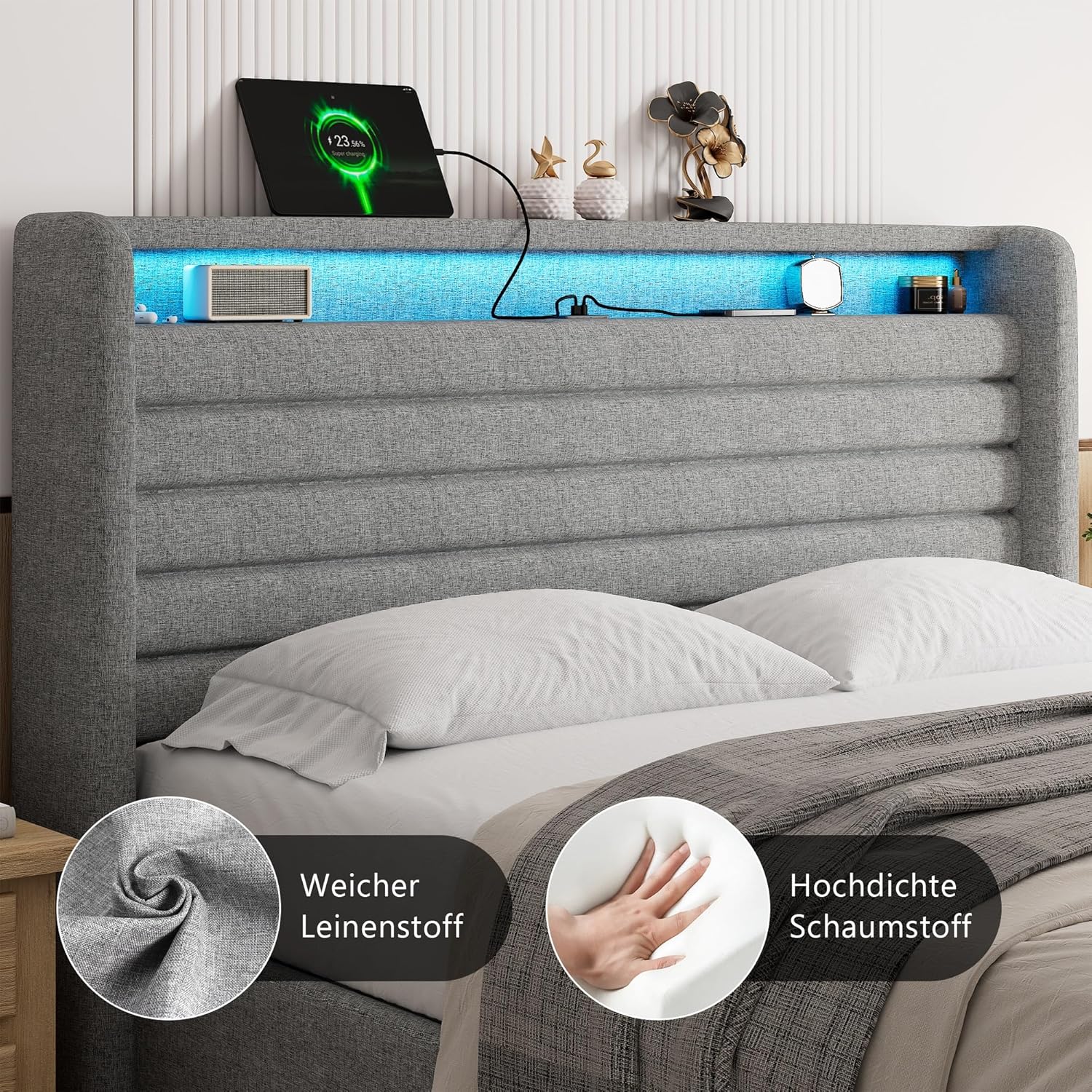 FEONASE Bett 140x200 mit Stauraum, Polsterbett 140x200 cm mit LED-Beleuchtung & Ladestation, Bettgestell mit Hydraulischem und Leinen Kopfteil Stauraum, Lattenrost, Ohne Matratze, Hellgrau