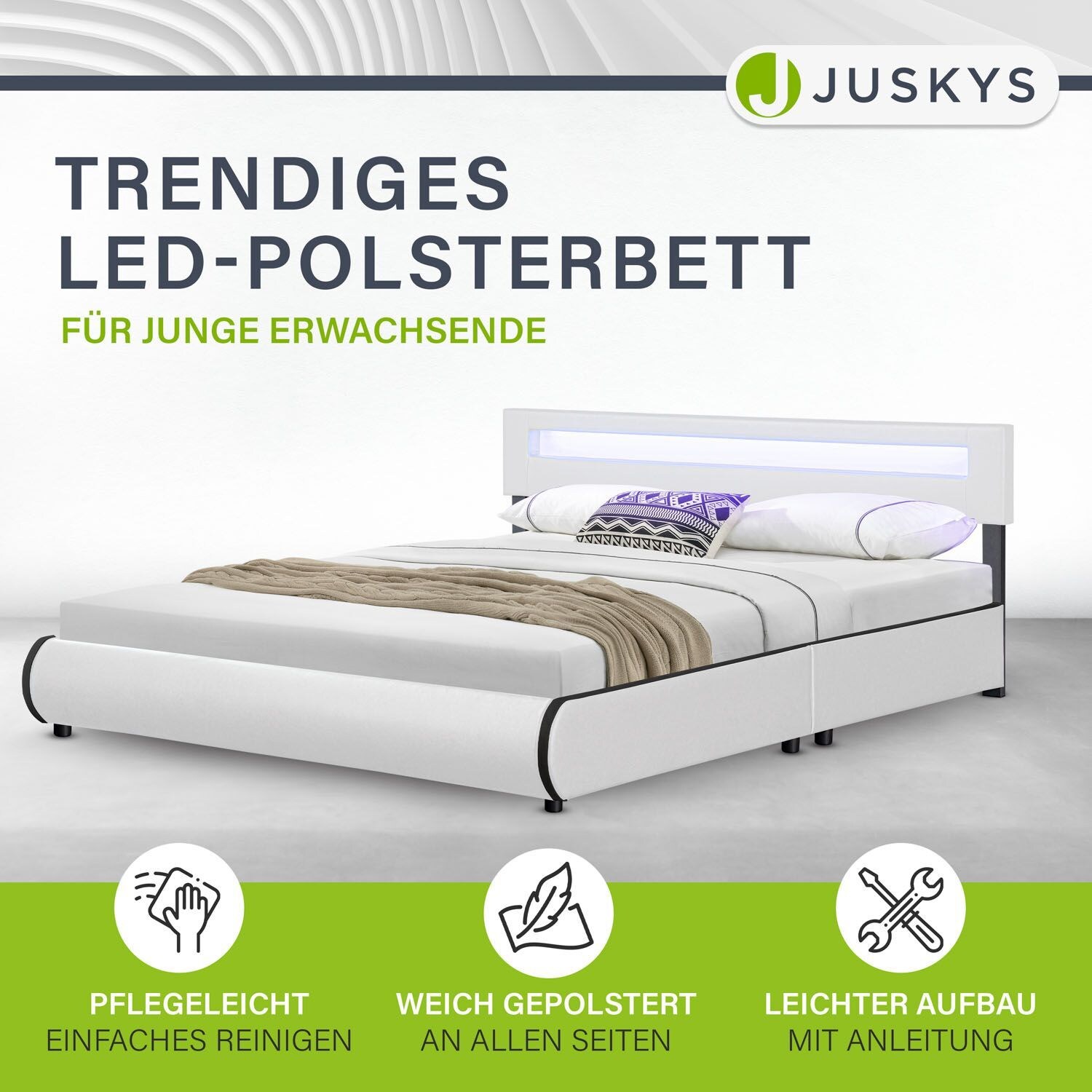 Juskys Polsterbett Sevilla 180 x 200 cm weiß Doppelbett Ehebett mit Kaltschaummatratze