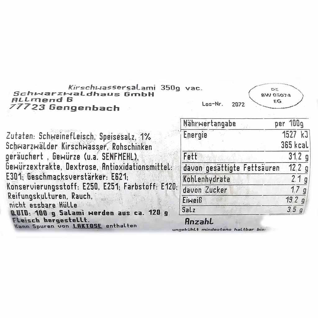 Schwarzwälder Kirschwasser Salami 350g MHD:15.3.25