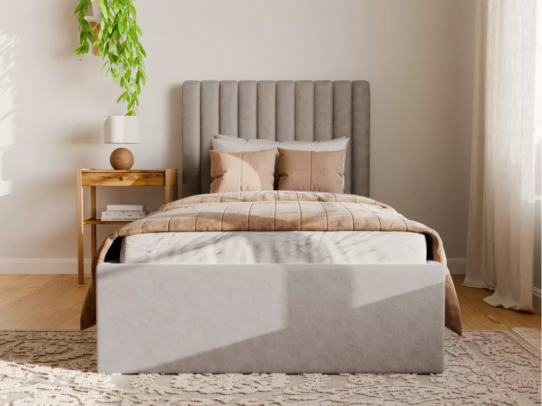 Lit coffre 90 x 190 cm avec tête de lit coutures verticales - Tissu - Beige + Matelas - SARAH