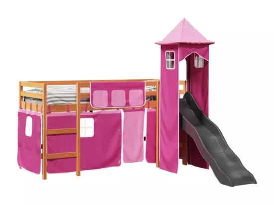 Lit mezzanine enfants avec tour rose 90x200 cm bois pin massif