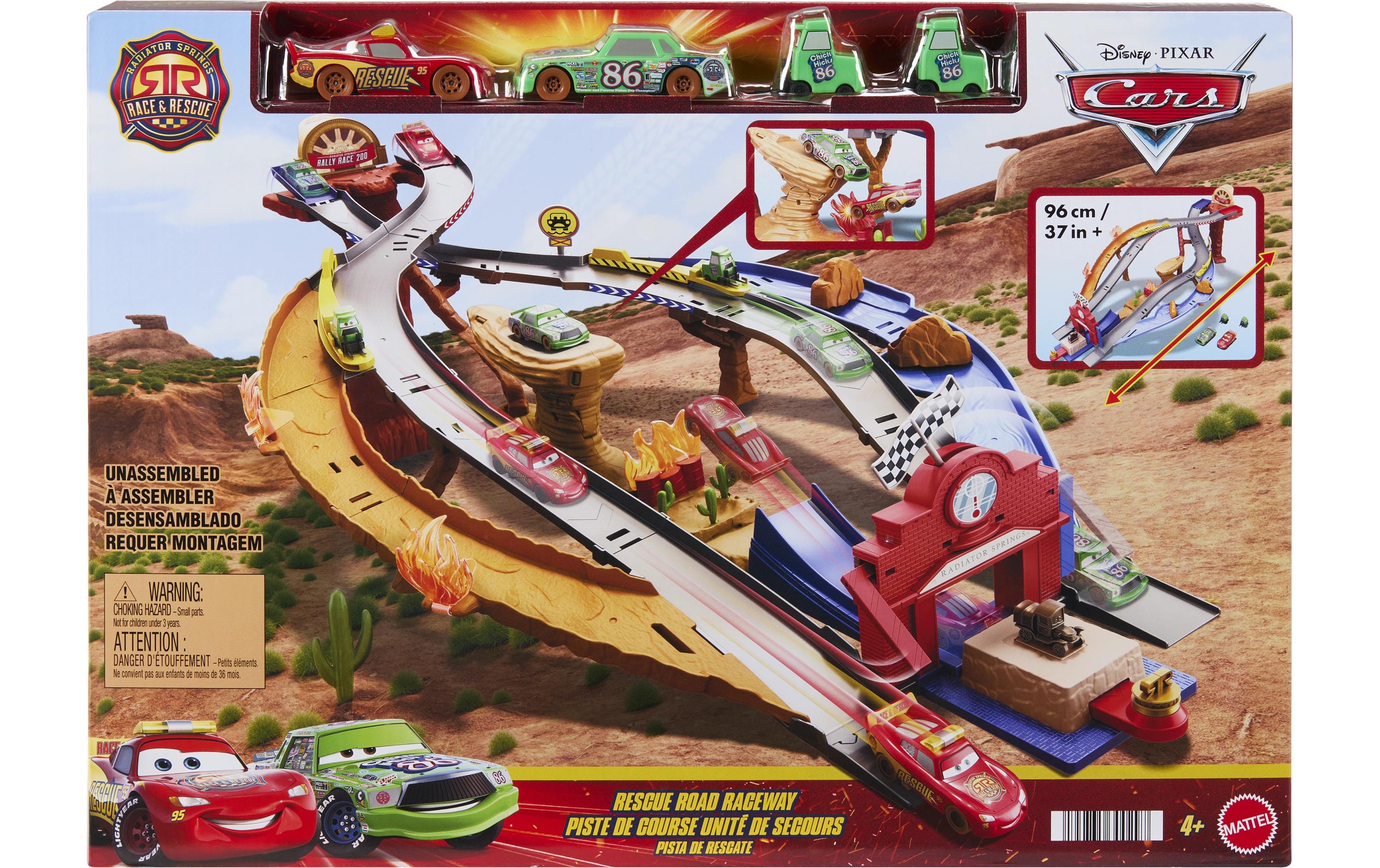 Disney Cars Radiator Springs Race & RescueRettungsweg-Rennstrecke Spielset mit 4 Spielzeugautos