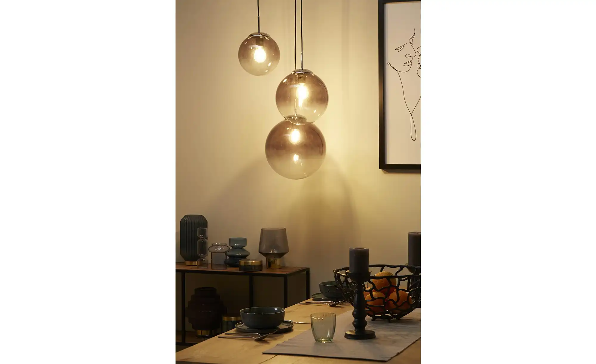 Pendelleuchte, 3-flammig, Rauchglas-Kugeln
