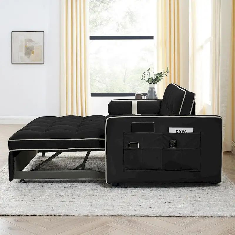 Velvet Multi-Functional Pull-Out Sofa Bed Adjustable Reclining Backrest With Pillows - N/A
