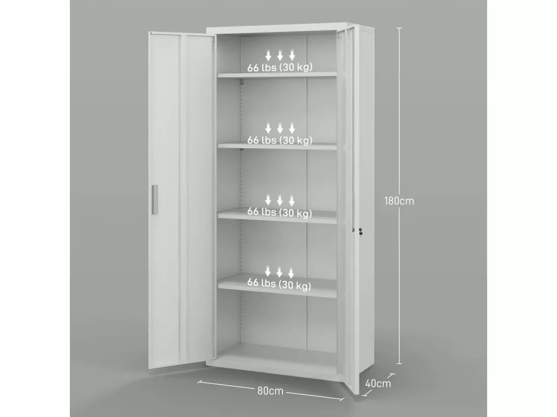 Armoire de bureau verrouillable 2 portes - 4 étagères réglables, 2 clés - acier laminé à froid blanc