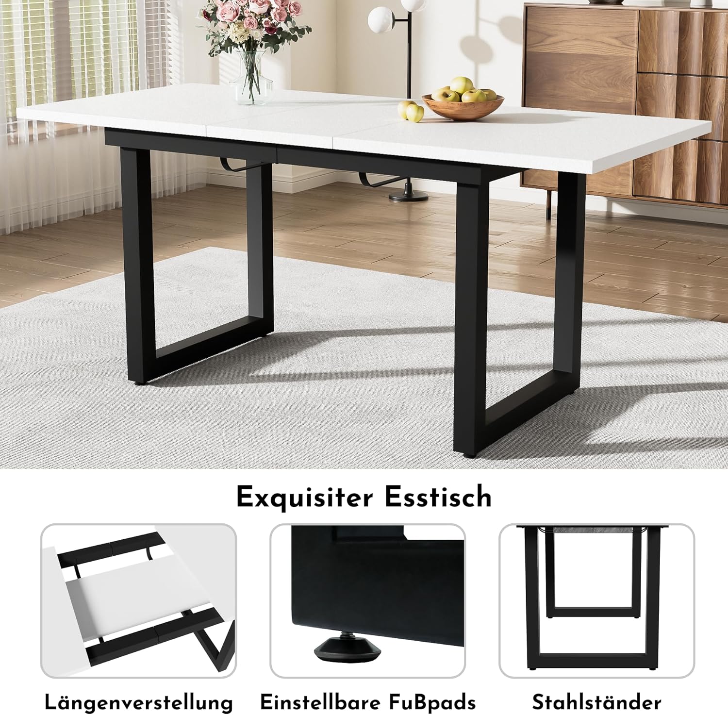 Merax Esstisch, Ausziehbar Esszimmertisch mit Tischbeine aus Metall, Rechteckiger Küchentisch für Wohnzimmer und Esszimmer, Weiß