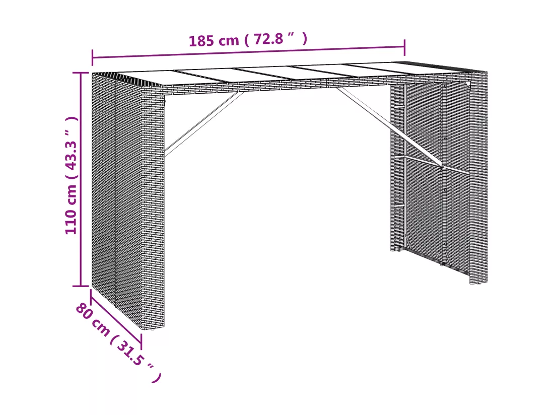 Prolenta Premium - Table de bar et dessus en verre marron 185x80x110 cm poly rotin