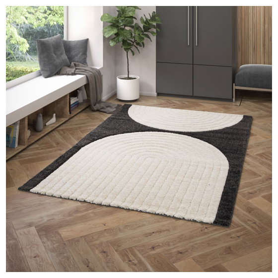Tapis de salon en relief - modern circle - noir et crème - 160 x 230 cm