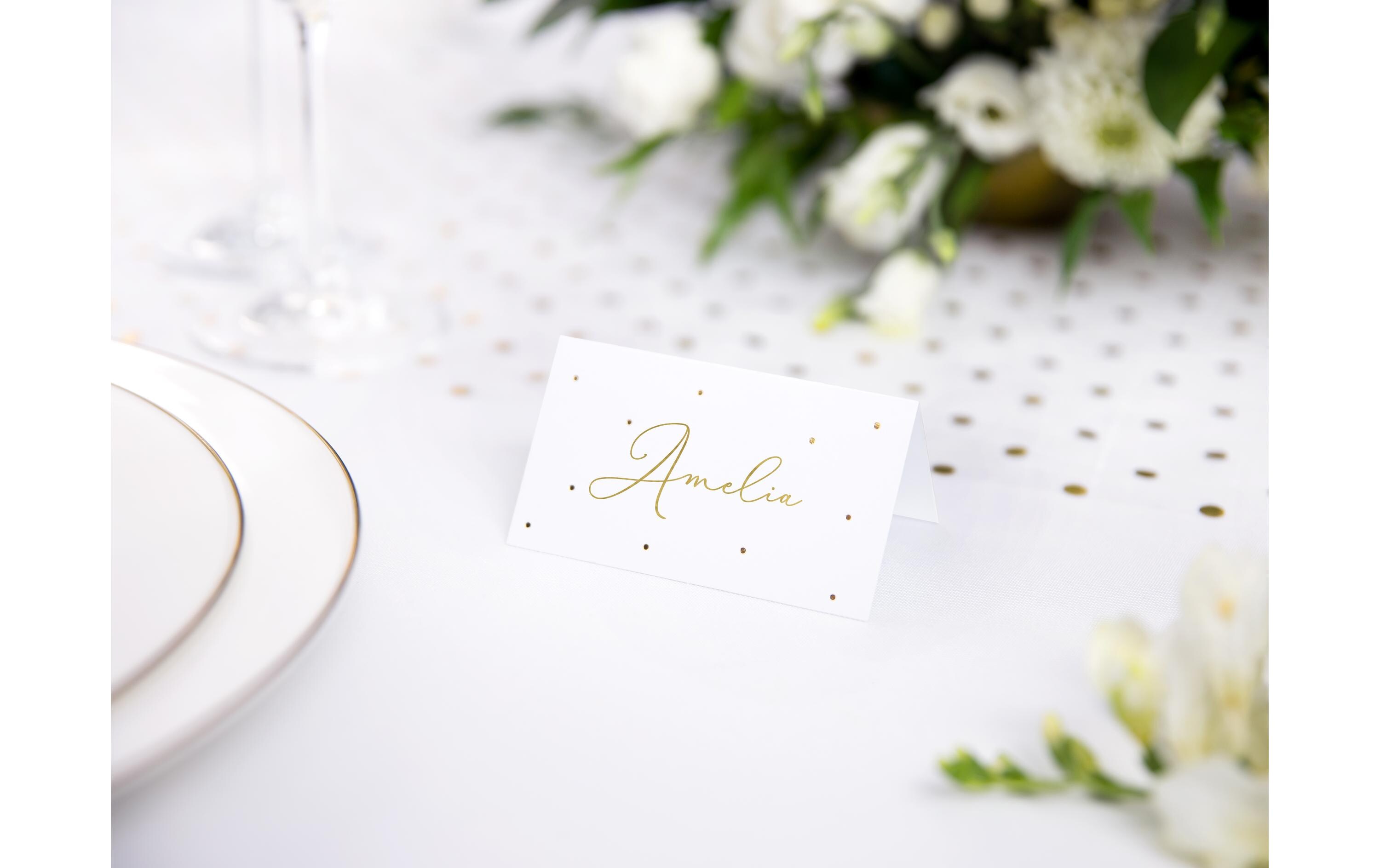 Tischkarte Punkte 9.5 x 5.5 cm, 10 Stück, Weiss/GoldPlatzkarte für den gedeckten Tisch an der Hochzeit und Festen wie Geburtstagspartys oder Silvester
